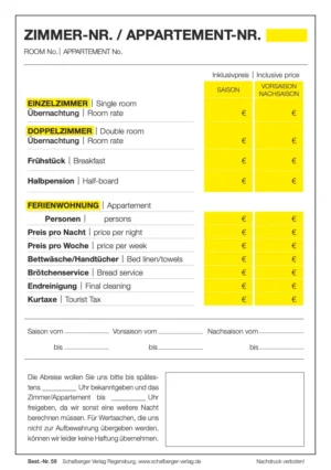 Zimmer-/Appartement Preisaushang
